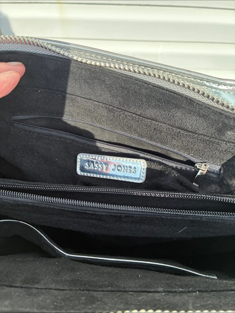 Sassy Jones Kyra Metallic Silver Logo Handbag Mirror Chrome Satchel, Like New